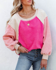 Colorblock Bishop Sleeve Sweatshirt Plush Stitching Jumper Crop Top