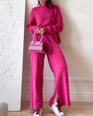 Solid Color Knitted Two Pieces Turtleneck Sweater Set Loose Top + Slit Trouser Pants