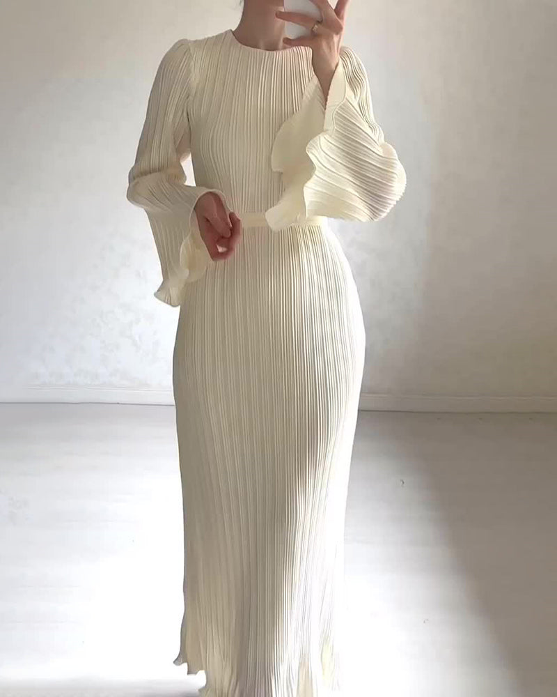 Pleated Bell Sleeve Back Tie Up Maxi Dress