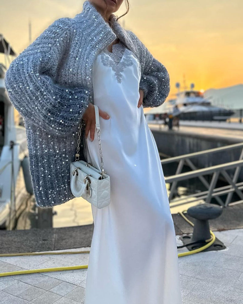 Solid Knit Sequined Sweater Jacket