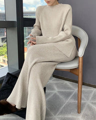 Solid Color Knitted Two Piece Casual Loose Loungewear Knit Sweater&Pants Set