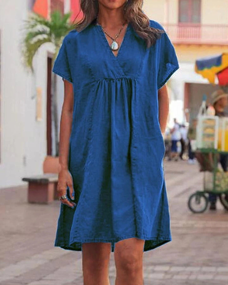 Summer V Neck Short Sleeve Babydoll Dress Casual Bohemian Dress Beach Long Sundress