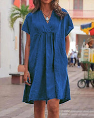 Summer V Neck Short Sleeve Babydoll Dress Casual Bohemian Dress Beach Long Sundress