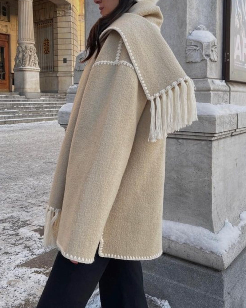 Women's Thickened Loose Woolen Coat with Fringed Scarf