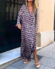 Boho Geometric Figure V Neck Long Sleeve Split-Side Long Dresses