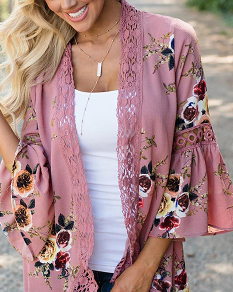 Flare Sleeve Floral Print Lace Blouse Cardigan