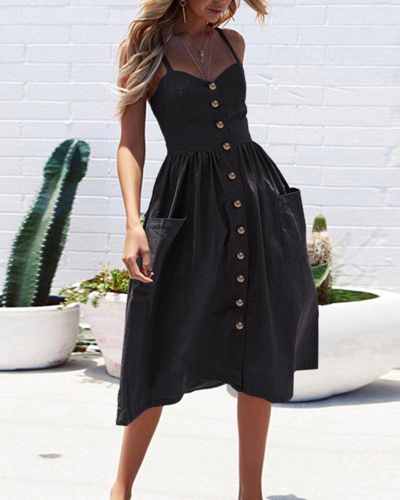 Solid Color Strap Open V-Neck Back Women's Dress with Pockets