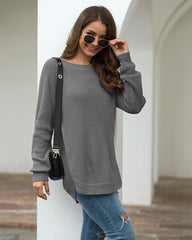 Crew Neck Long Sleeve Slit Pullover Knit Sweater