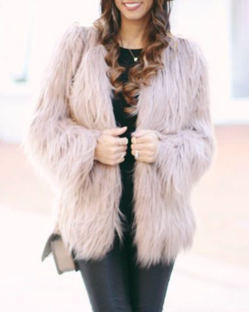 Solid Color Plush Long Sleeve Lapel Imitation Floating Coat