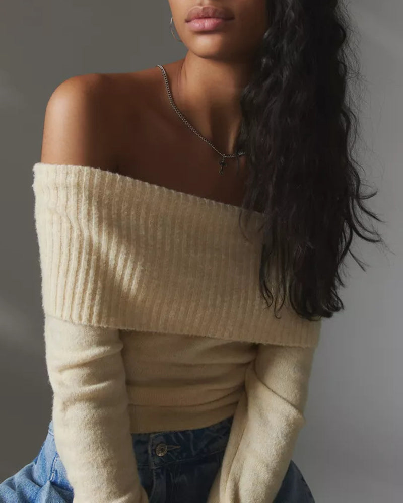 Chic Off Shoulder Sweater Solid Basic Sexy Slim Fit Crop Top