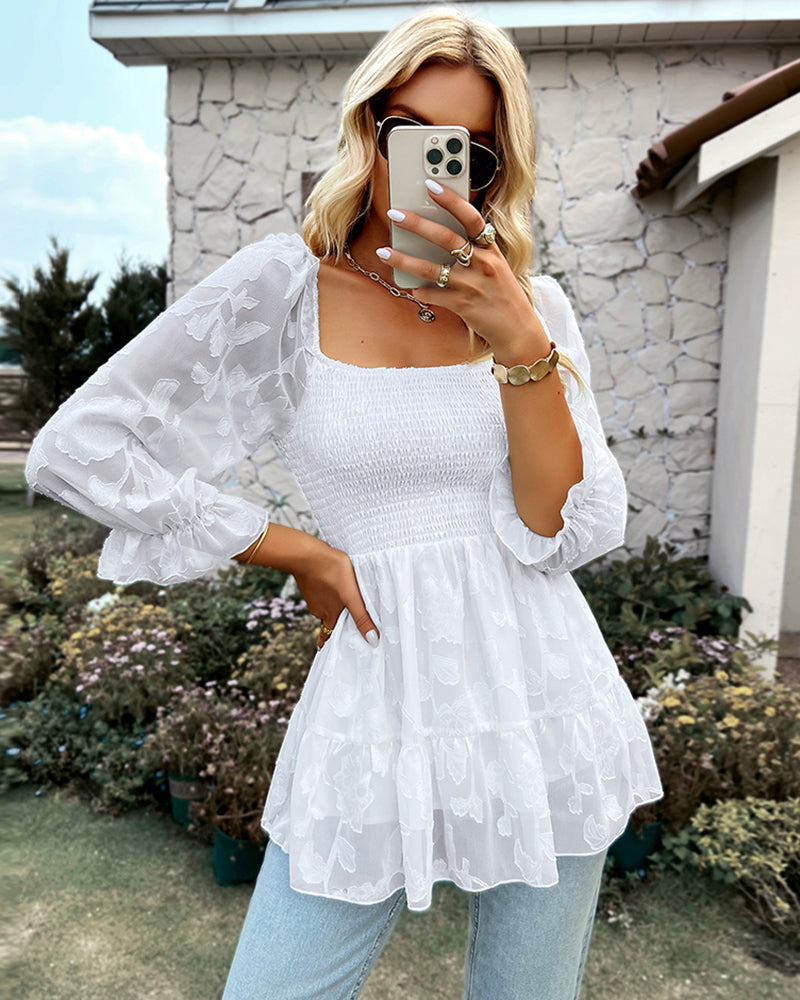 Frill Blouse Crop Top Vintage Square Neck Long Sleeve Ruched Shirt