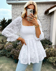Frill Blouse Crop Top Vintage Square Neck Long Sleeve Ruched Shirt