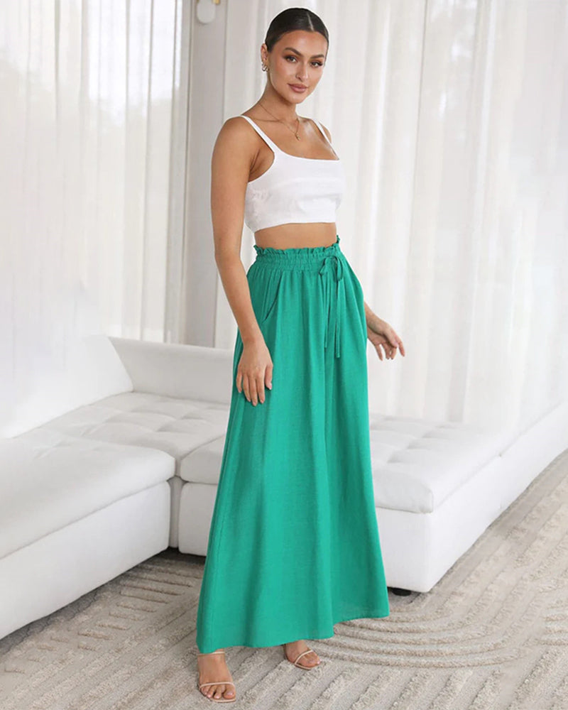 Wide Leg Flowy Pants Summer Boho Elastic Waist Drawstring Palazzo Trousers