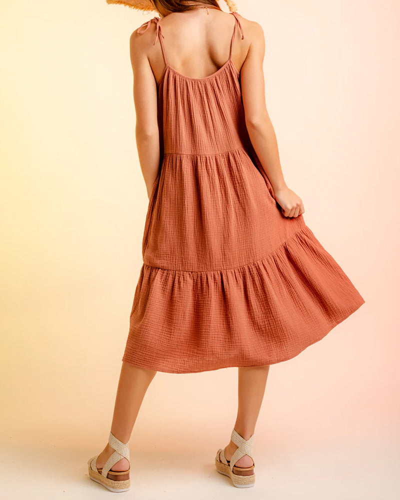 Lace-up Sling Dress Candy Color Stitching Solid Color Midi Dress