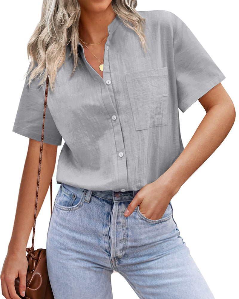 Women Casual Linen Shirts Henley Short Sleeve Blouses Lightweight Loose Top - Zeagoo (Us Only)