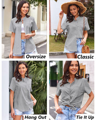 Women Casual Linen Shirts Henley Short Sleeve Blouses Lightweight Loose Top - Zeagoo (Us Only)