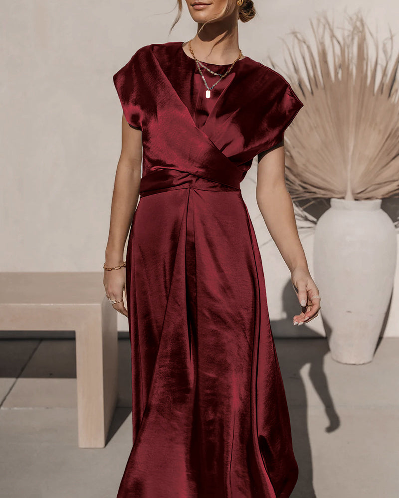 Satin Midi Dress Cap Sleeve Tie Waist Elegant A-Line Flowy Dresses