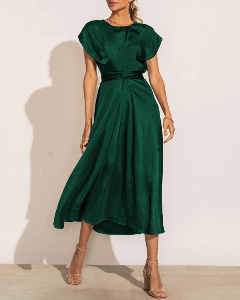 Satin Midi Dress Cap Sleeve Tie Waist Elegant A-Line Flowy Dresses