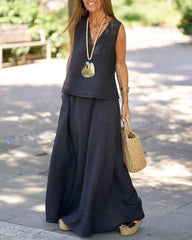 Casual Sleeveless V-neck Vest with Elastic Waist Long Flowy Skirt Set