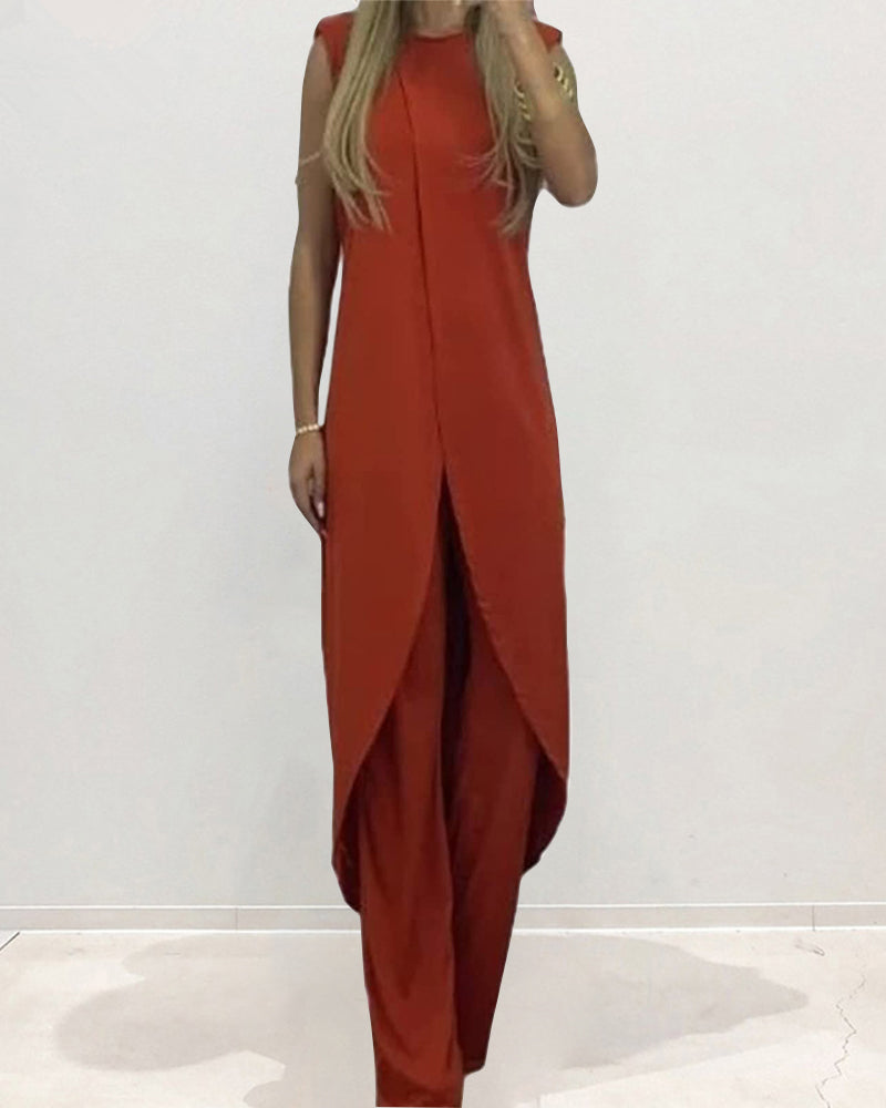 Casual Two-Piece Set: Sleeveless Loose Fit Round Neck Irregular Hem Long Top with Wide-Leg Pants