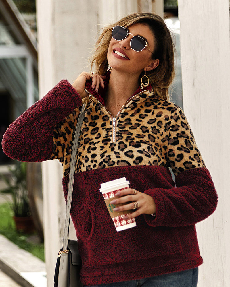 Leopard Color Block Tops Long Sleeve Coat Sweatshirt