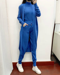 Chic Three Piece Set Knitted Solid Lounge Suit Cardigan Sweater + Jogger Pants+ Sleeveless Tank Top