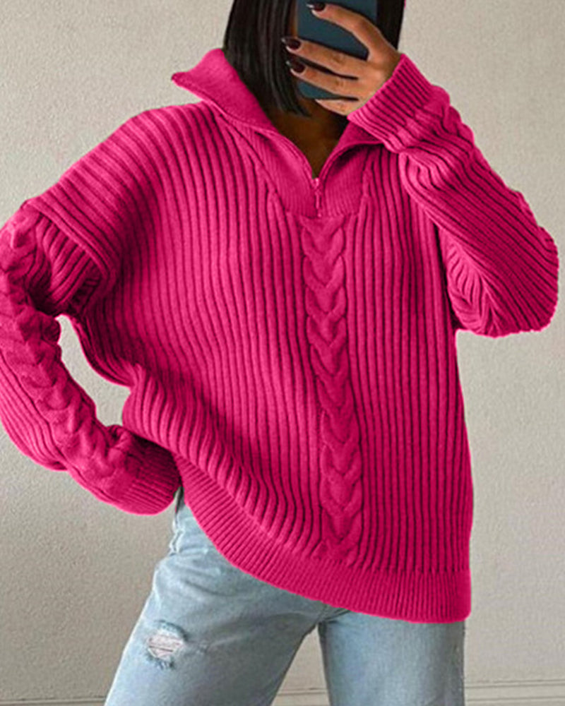 Zipper Lapel Twist Loose Solid Color Knitted Sweater