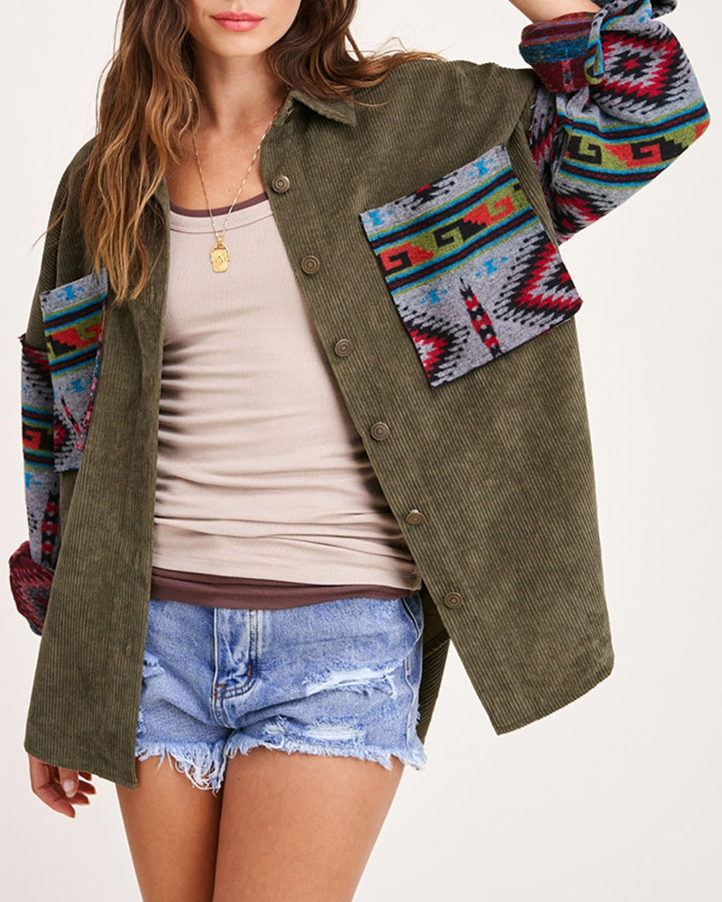 Corduroy Patch Print Pocket Coat Long Sleeve Jacket Top