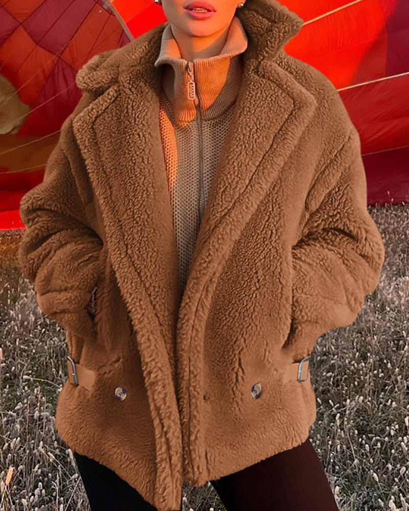 Lapel Fleece Jacket Long Sleeve Pockets Faux Fur Dressy Fall Outfits