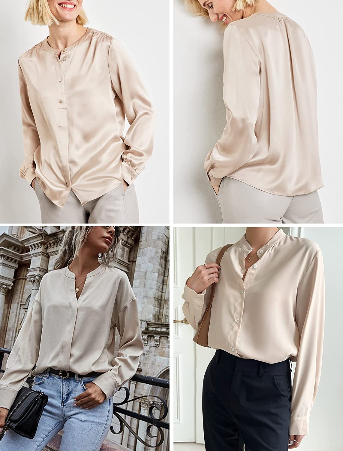 Women's Silk Button Down Shirts V Neck Long Sleeve Casual Work Office Blouse Top - Zeagoo (Us Only)