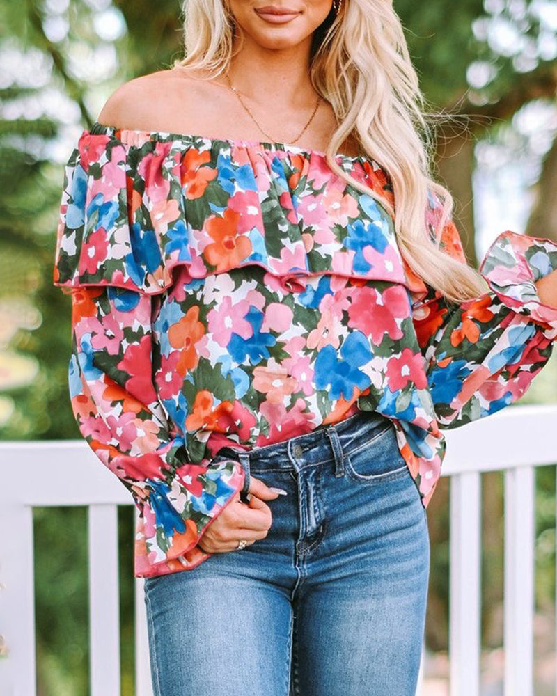 Off The Shoulder Blouses Floral Print Long Sleeve Ruffle Tube Shirt Tops