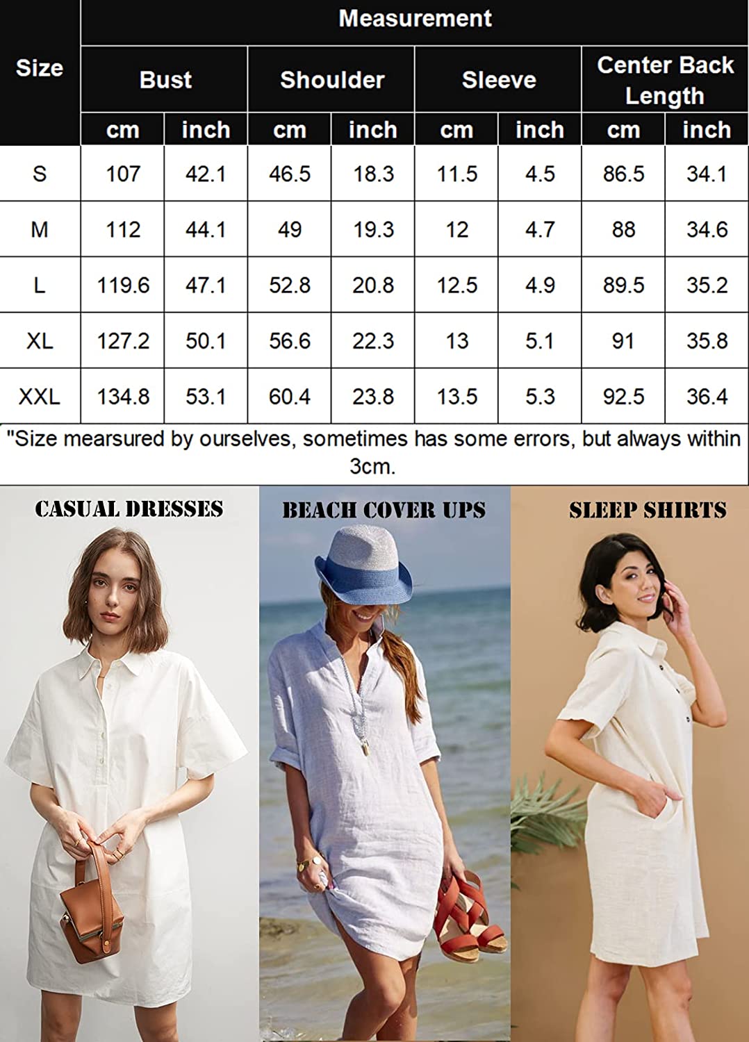 Womens Cotton Shirt Dress Summer Casual Short Sleeve Button Down Beach Cover Up Shirts with Pockets - Zeagoo (Us Only)