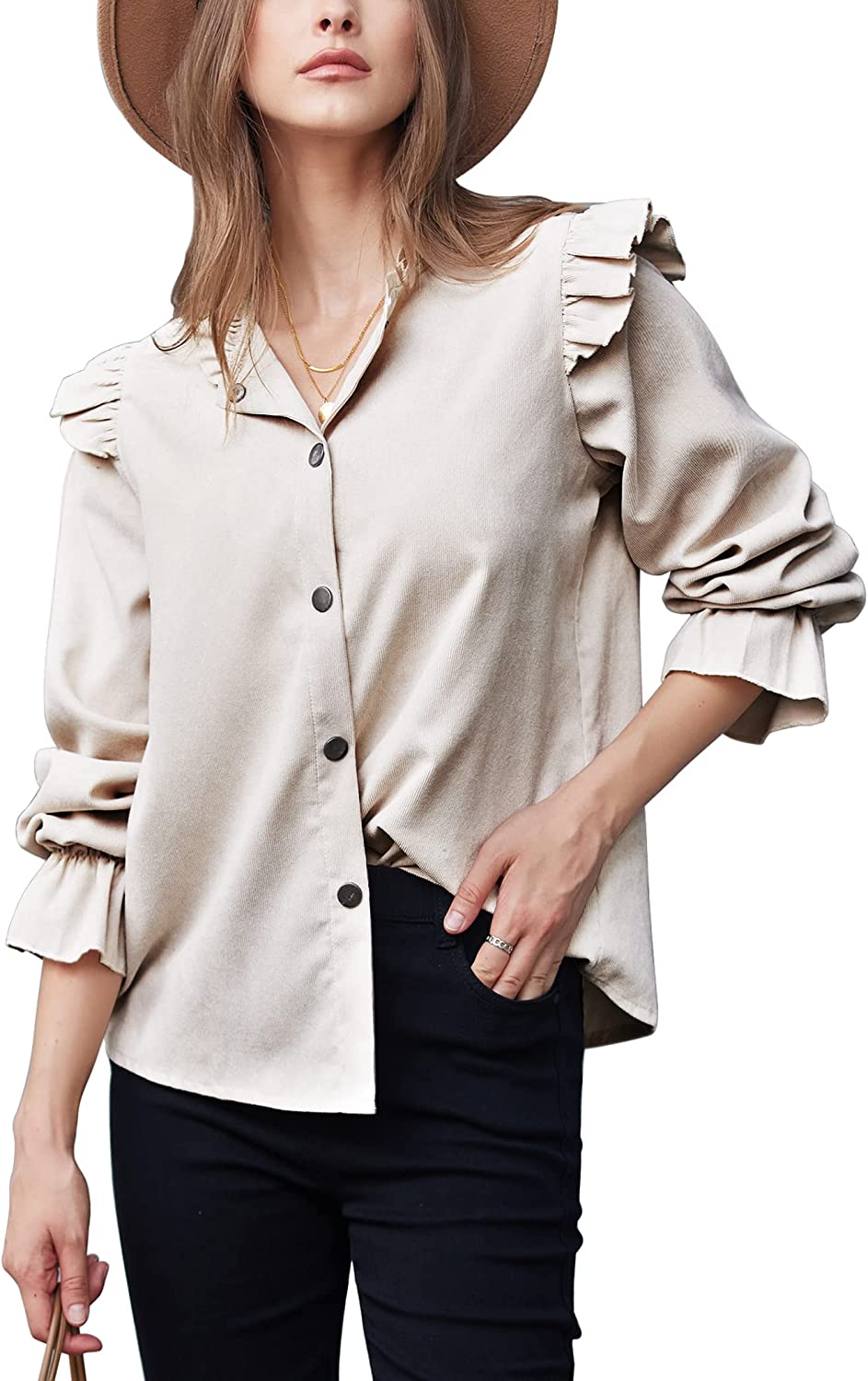 Women Corduroy Shirts Long Sleeve Button Down Shacket Jacket Ruffle Blouses Top S-XXL - Zeagoo (Us Only)