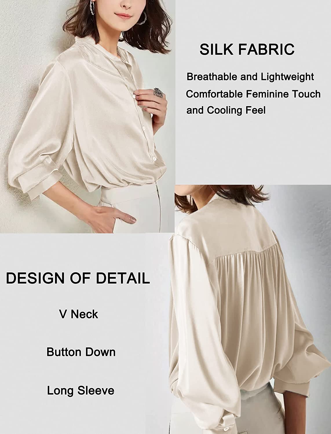 Women's Silk Button Down Shirts V Neck Long Sleeve Casual Work Office Blouse Top - Zeagoo (Us Only)