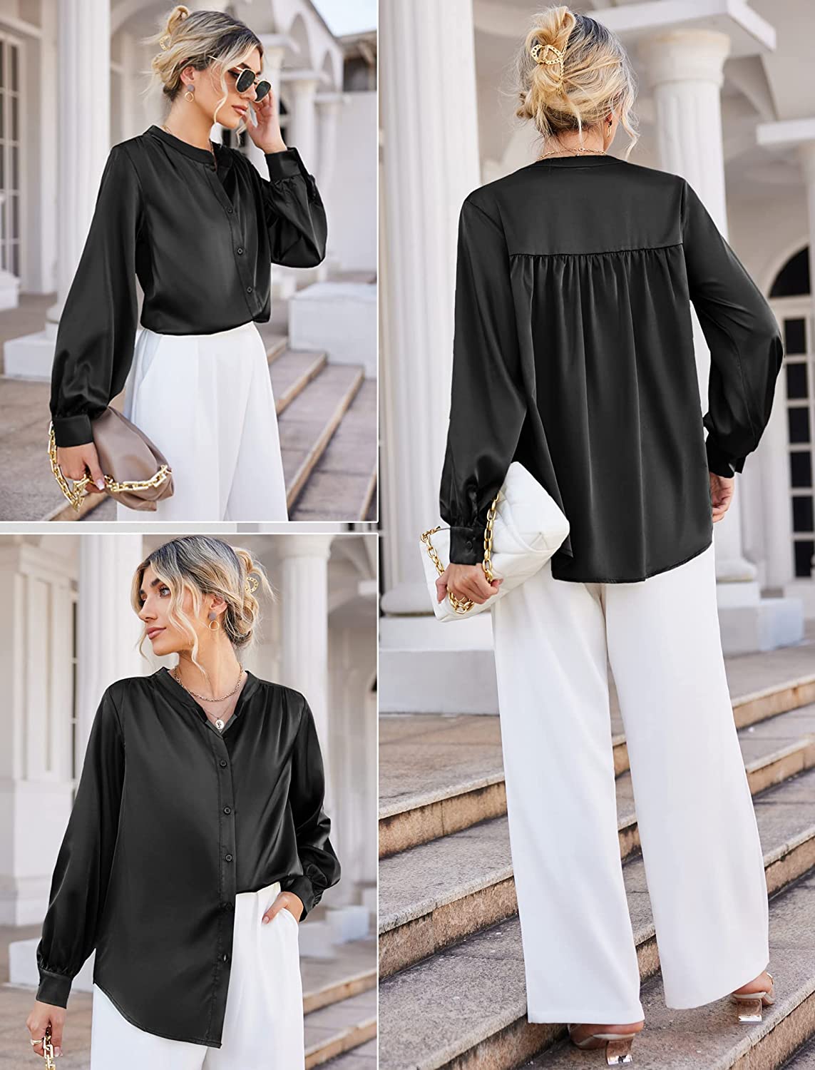 Women's Silk Button Down Shirts V Neck Long Sleeve Casual Work Office Blouse Top - Zeagoo (Us Only)