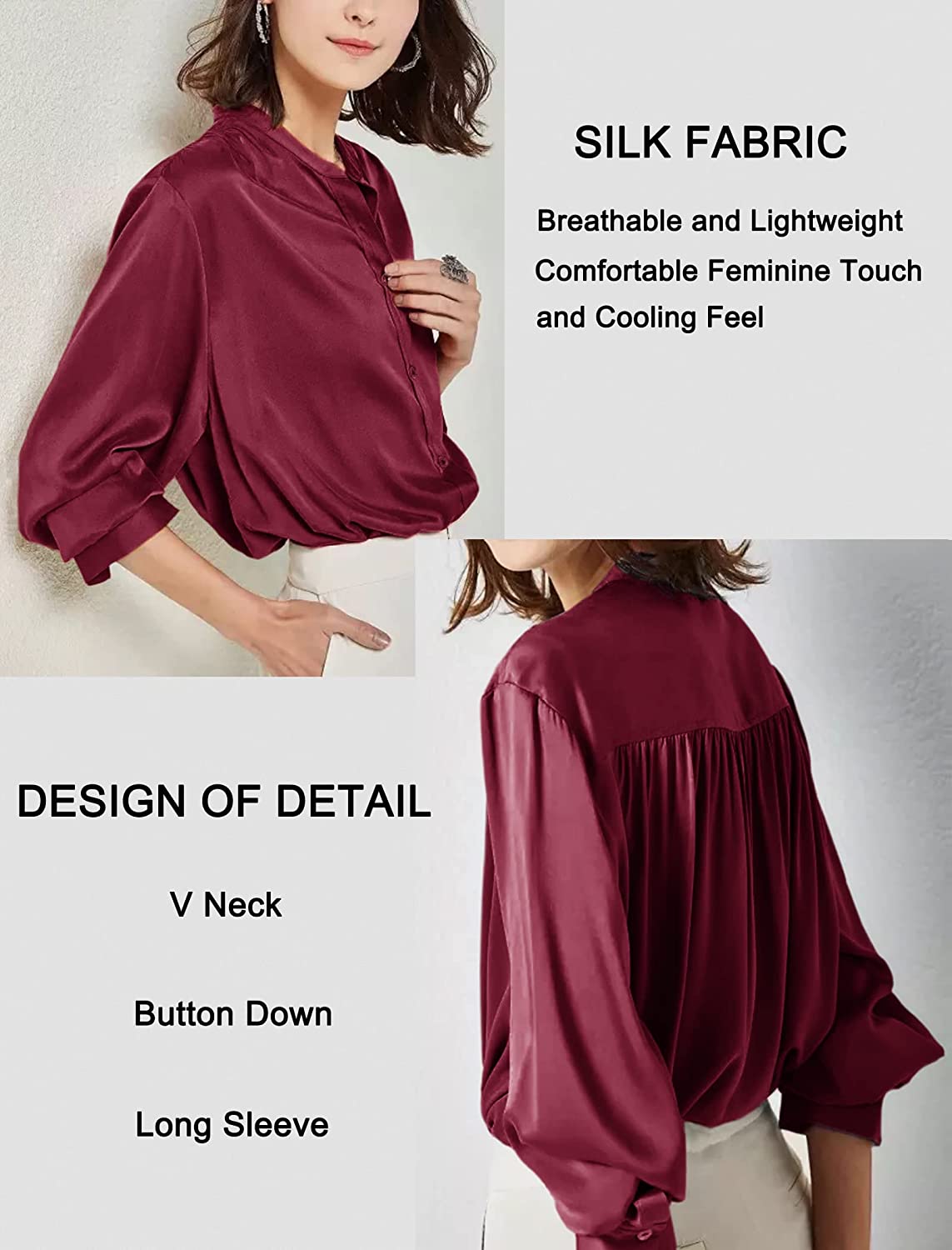 Women's Silk Button Down Shirts V Neck Long Sleeve Casual Work Office Blouse Top - Zeagoo (Us Only)