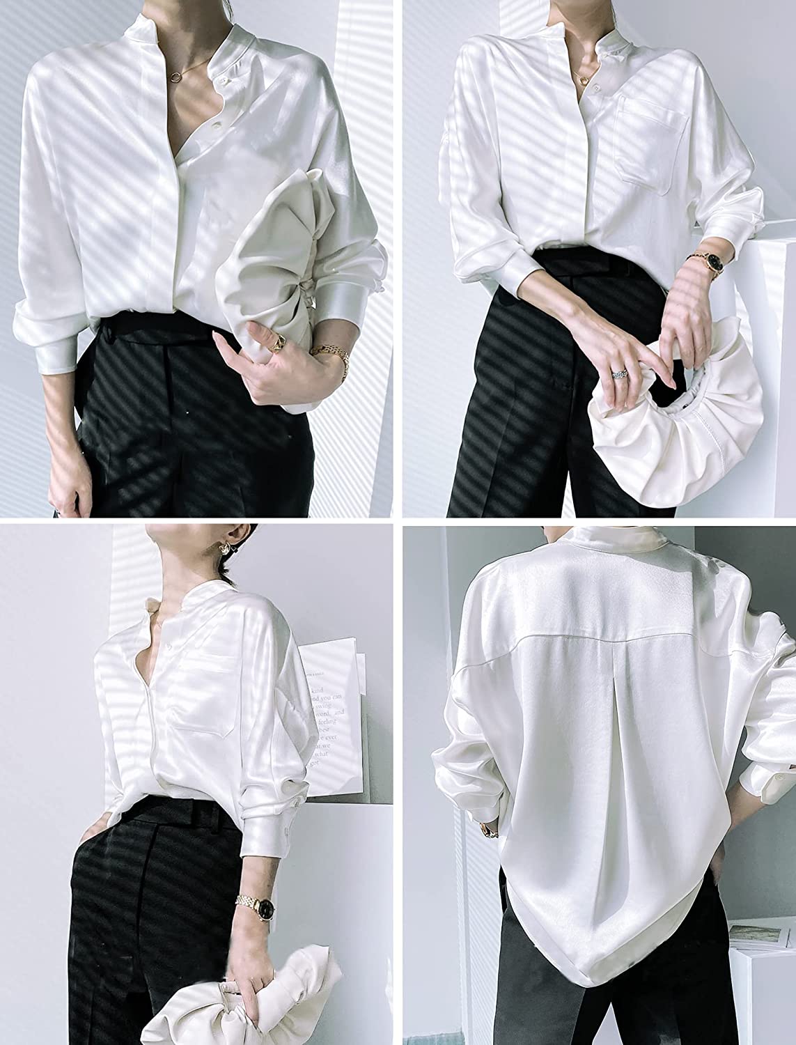 Women's Silk Button Down Shirts V Neck Long Sleeve Casual Work Office Blouse Top - Zeagoo (Us Only)