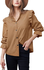 Women Corduroy Shirts Long Sleeve Button Down Shacket Jacket Ruffle Blouses Top S-XXL - Zeagoo (Us Only)