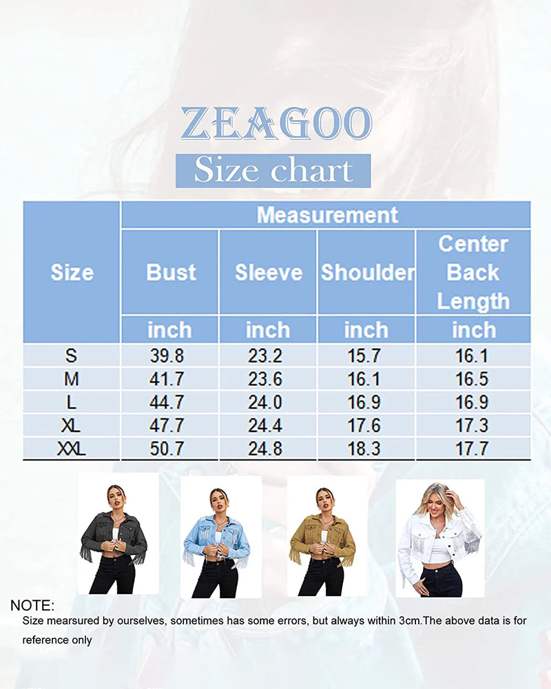 Women's Raw Hem Ripped Fringe Long Sleeve Crop Denim Jacket - Zeagoo (Us Only)