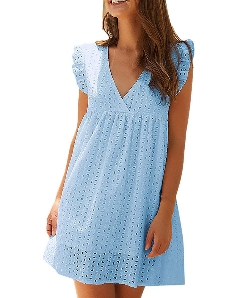 Sleeveless V Neck Lace Dresses with Pockets Loose Fit Flowy Pleated Swing Dress