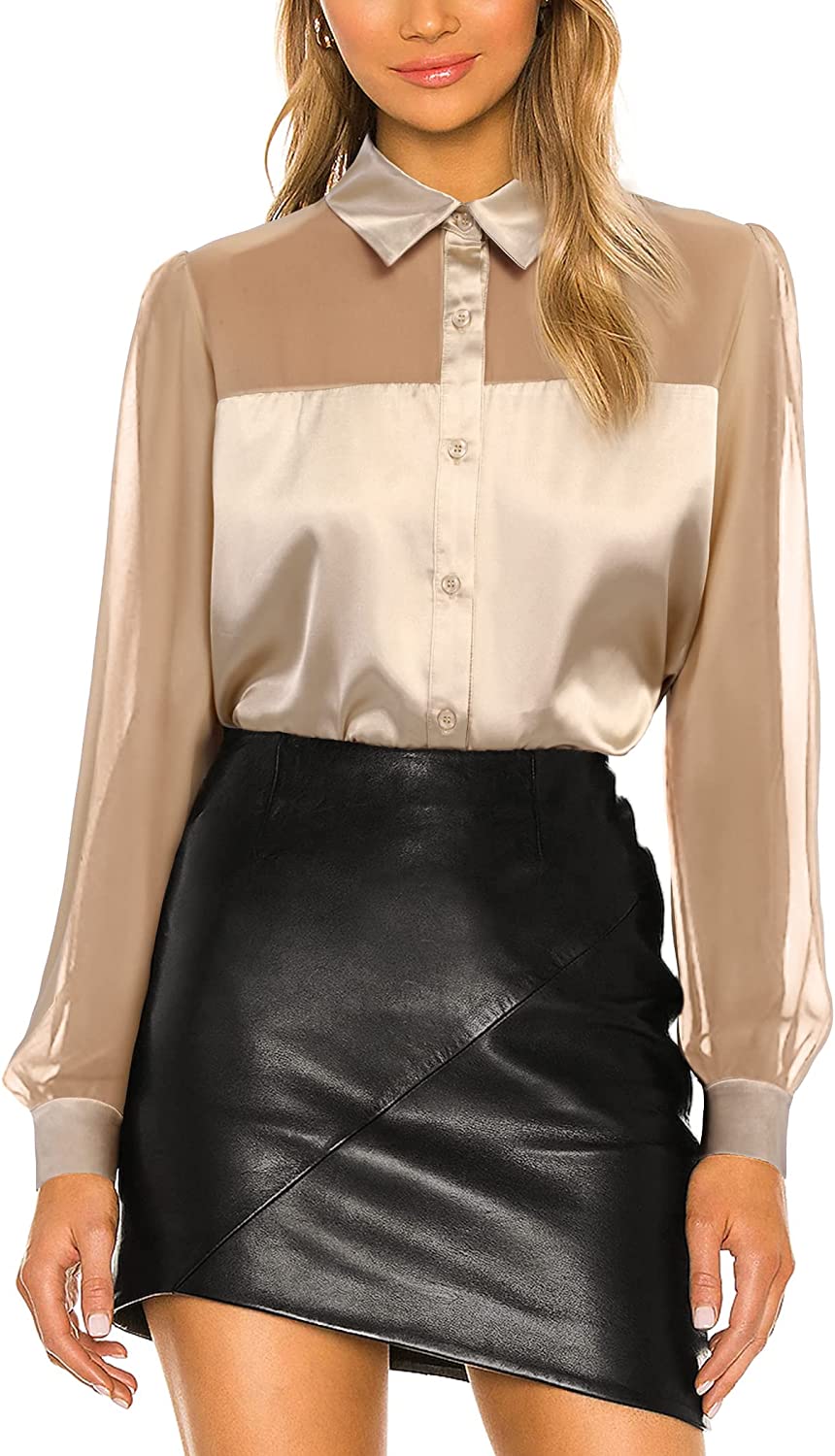 Womens V Neck Button Down Shirts Satin Silk Blouse Mesh Long Sleeve Casual Work Tops - Zeagoo (Us Only)