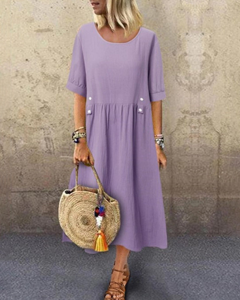 Casual Loose Round Neck Cotton Linen Long Dresses with Pockets