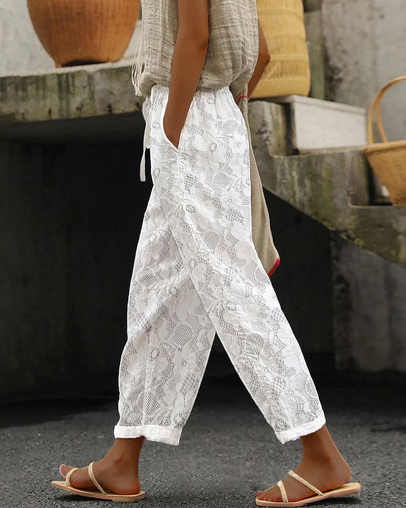 Casual Loose Lace Pants Embroidered Cropped Elastic Waist Trousers