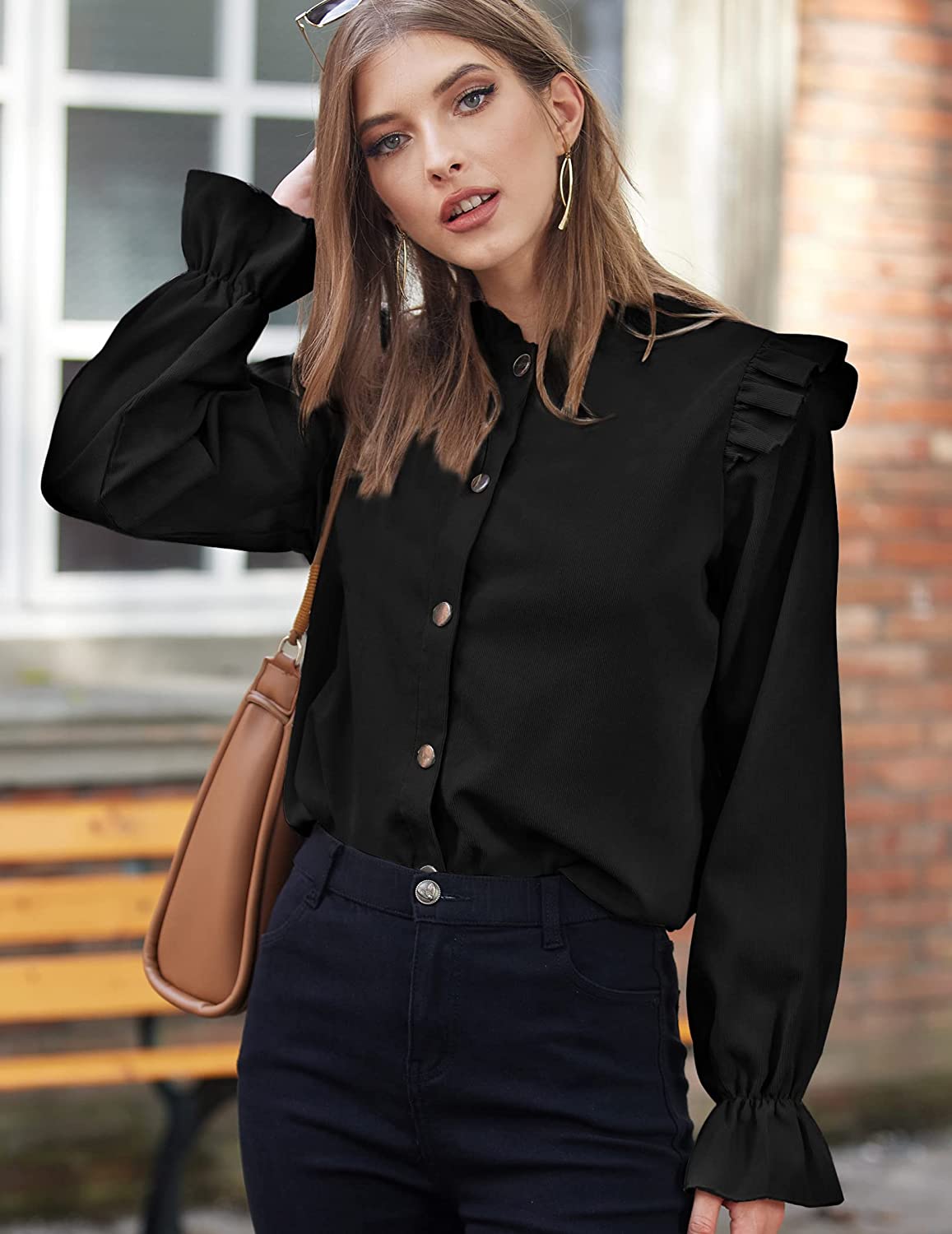 Women Corduroy Shirts Long Sleeve Button Down Shacket Jacket Ruffle Blouses Top S-XXL - Zeagoo (Us Only)