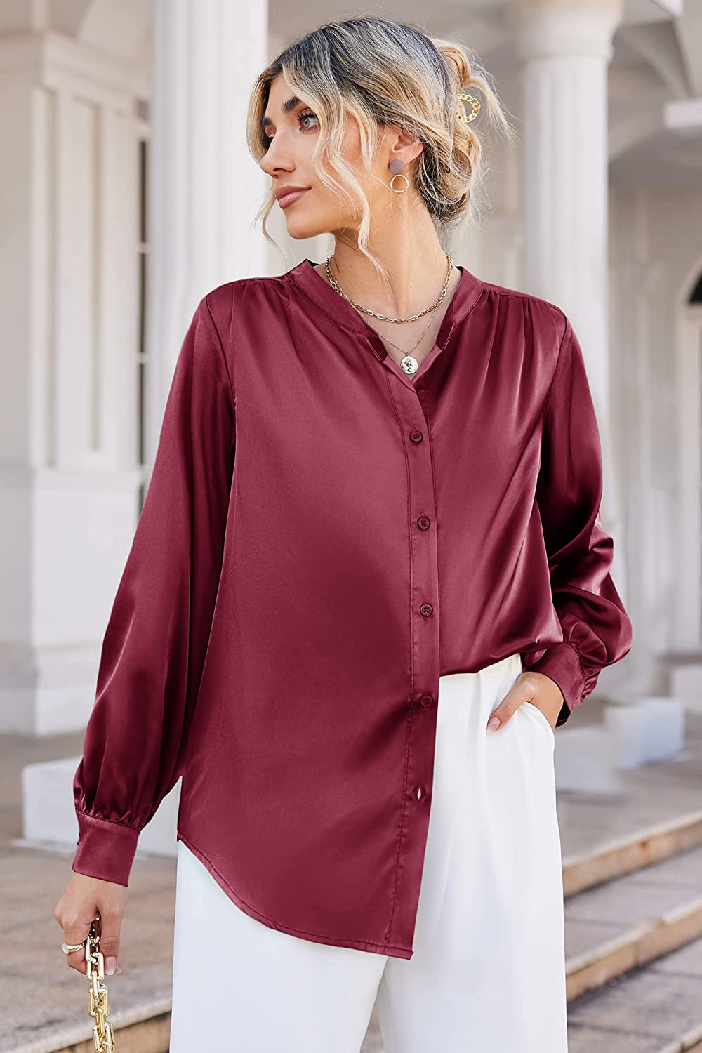 Women's Silk Button Down Shirts V Neck Long Sleeve Casual Work Office Blouse Top - Zeagoo (Us Only)