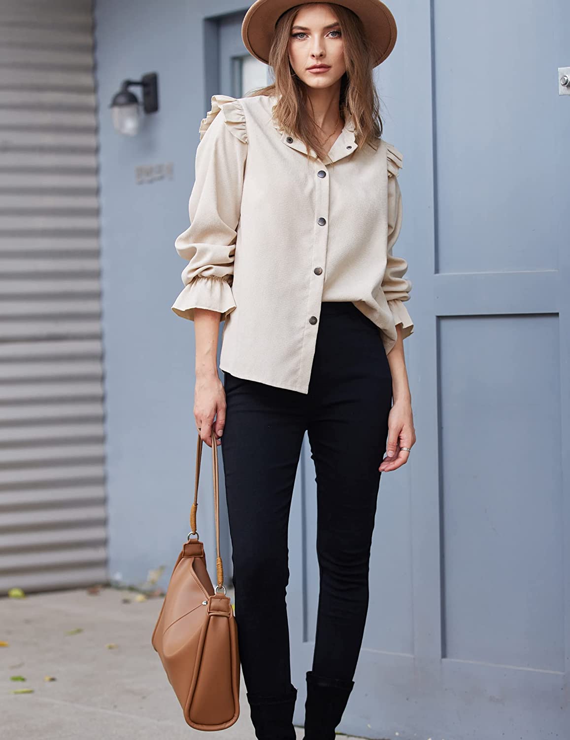 Women Corduroy Shirts Long Sleeve Button Down Shacket Jacket Ruffle Blouses Top S-XXL - Zeagoo (Us Only)