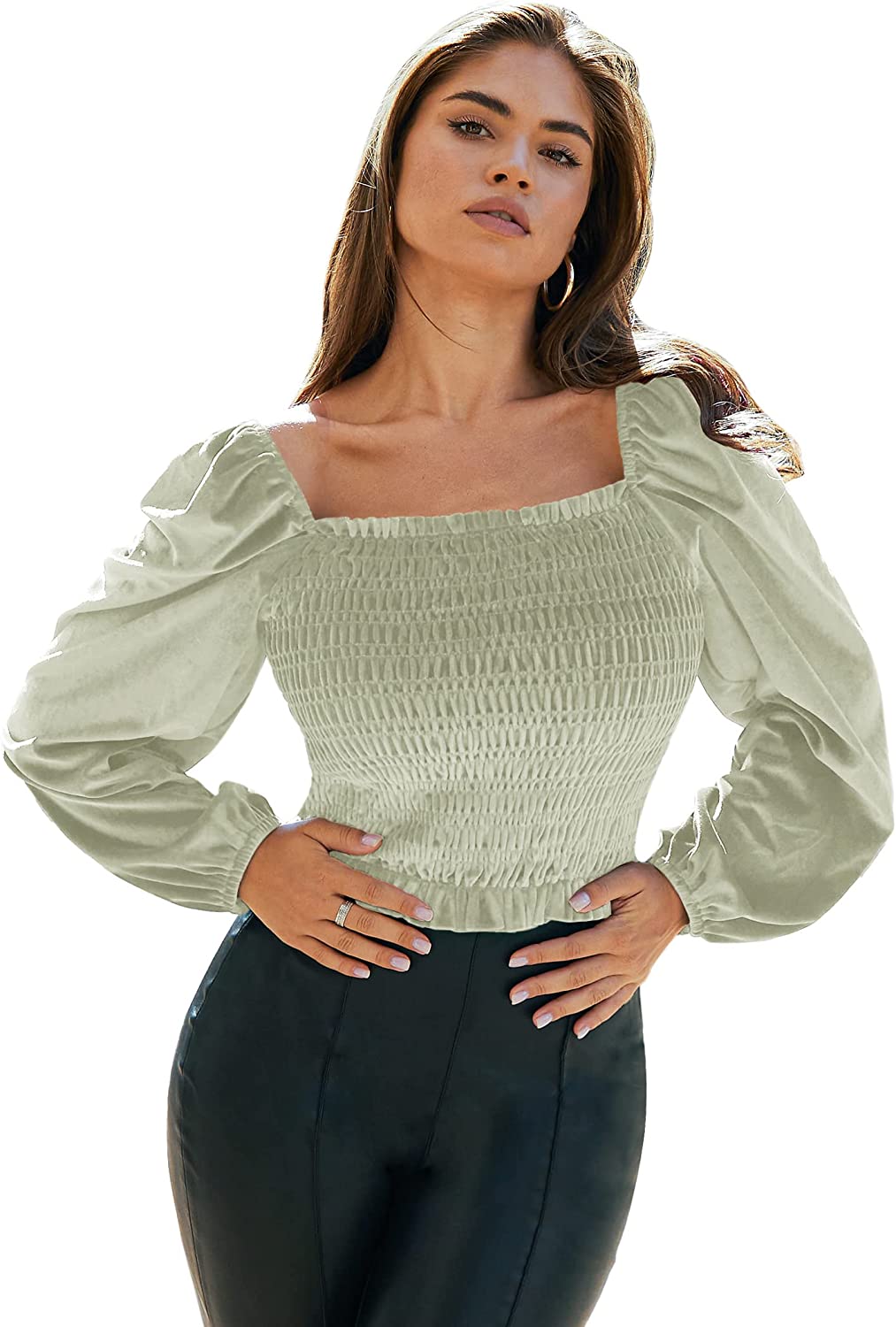 Womens Blouses Long Sleeve Crop Tops Square Neck Sexy Casual Slim Fitted Velvet Tops S-3XL - Zeagoo (Us Only)