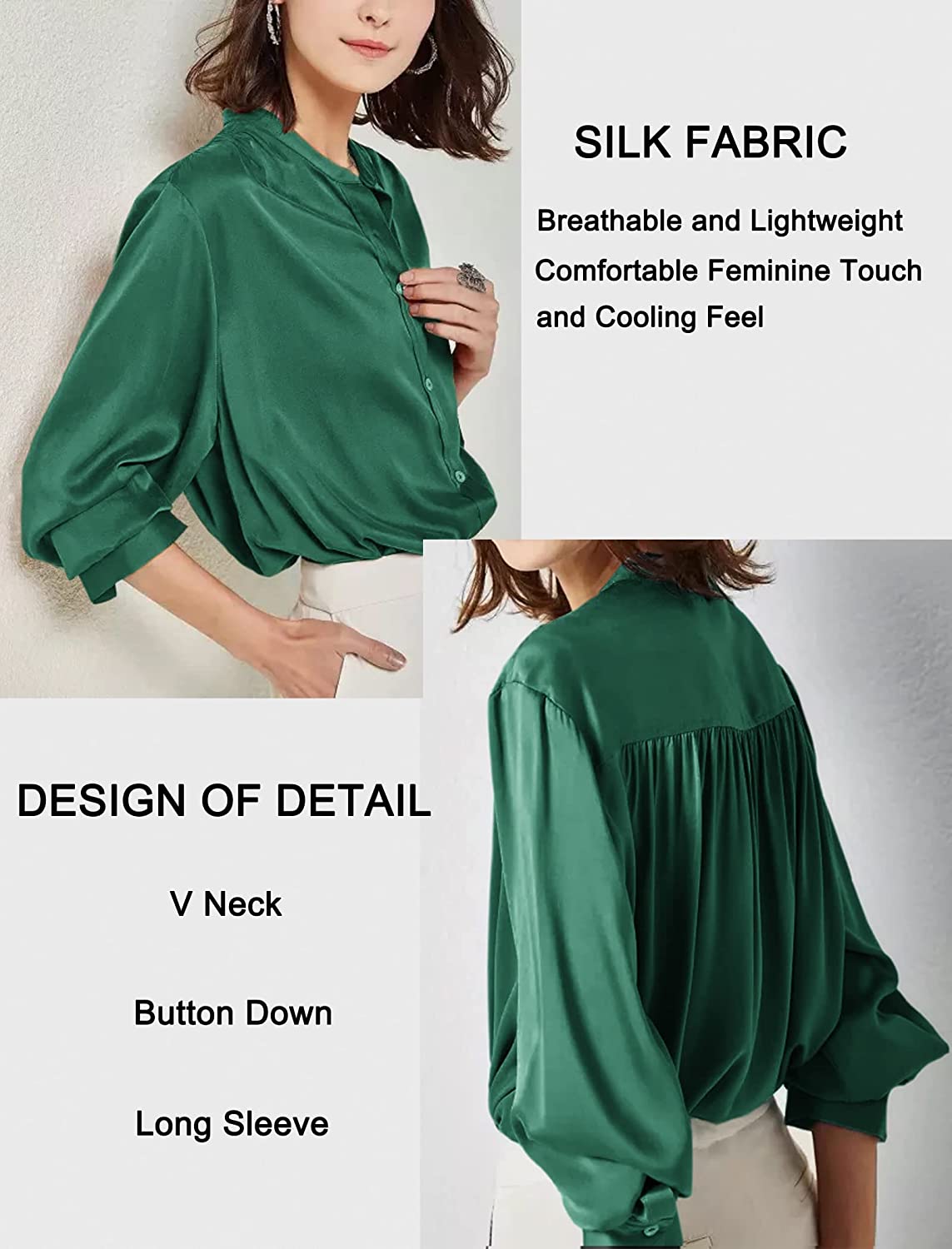 Women's Silk Button Down Shirts V Neck Long Sleeve Casual Work Office Blouse Top - Zeagoo (Us Only)