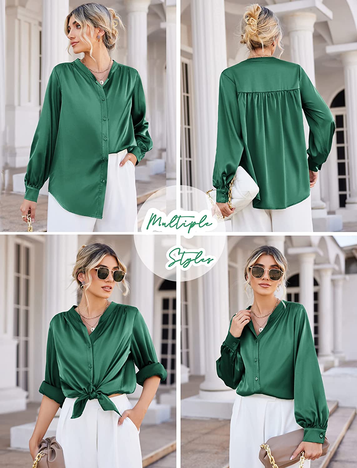 Women's Silk Button Down Shirts V Neck Long Sleeve Casual Work Office Blouse Top - Zeagoo (Us Only)