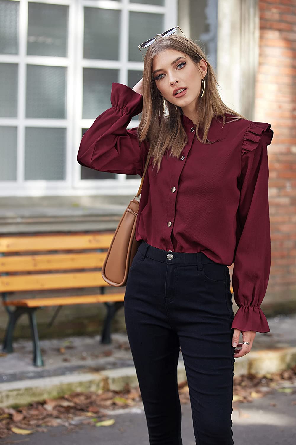 Women Corduroy Shirts Long Sleeve Button Down Shacket Jacket Ruffle Blouses Top S-XXL - Zeagoo (Us Only)